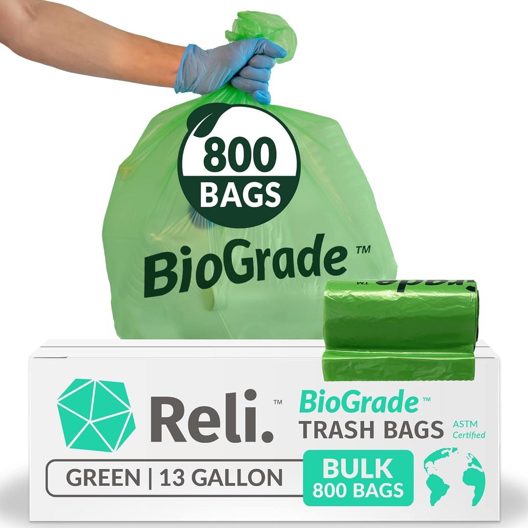 Reli. Biodegradable 13 Gallon Trash Bags | 800 Count Bulk | ASTM D6954 | Green | Eco-Friendly | Oxobiodegradable Under Certain Conditions (See Product Description)