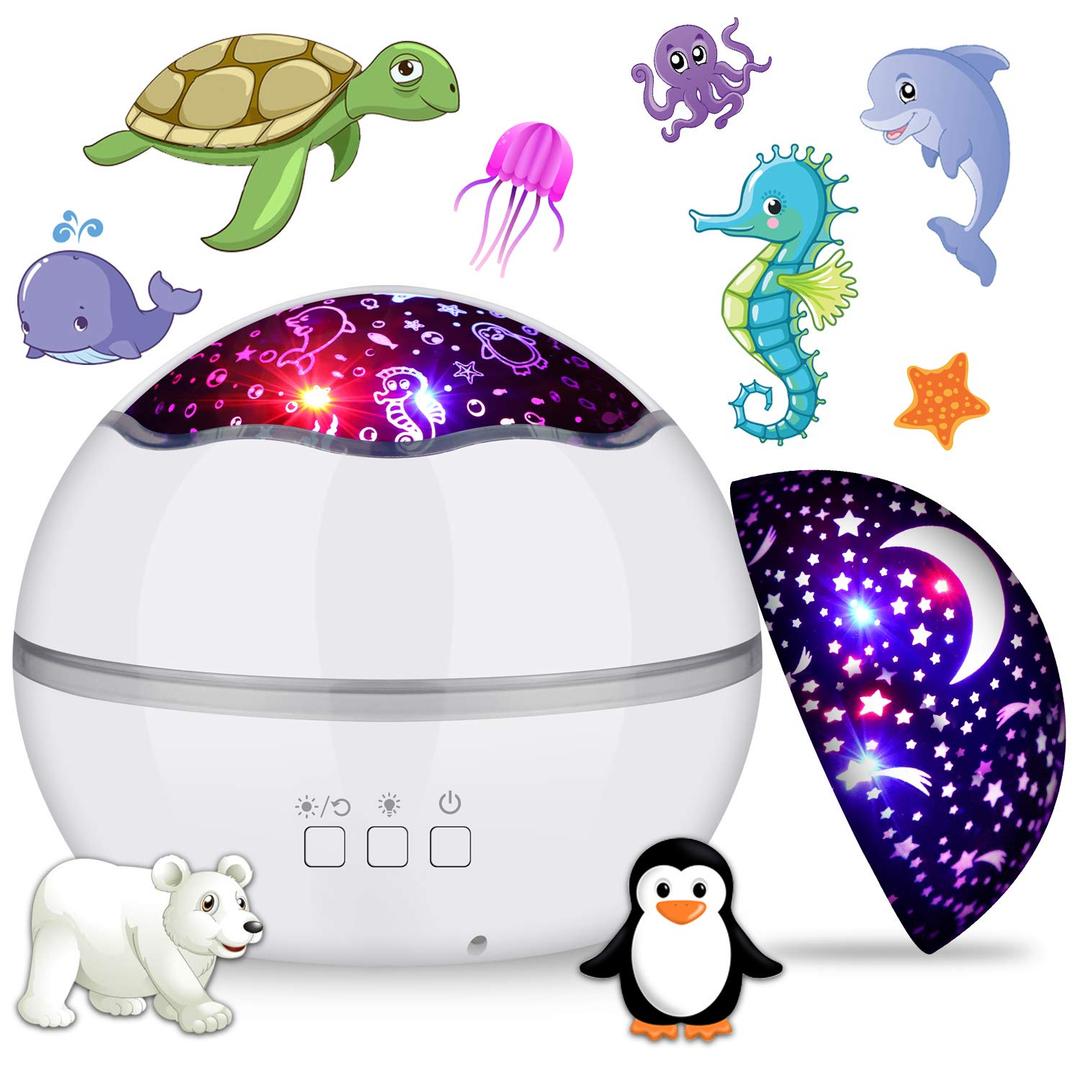 360 Rotating Night Light Star Projector for Kids Room, 2 in 1 Starry Sky and Sea World, Multi Colors Baby Bedroom Ceiling Wall Decor, Best Gift Boys Girls Birthday Festival (White)