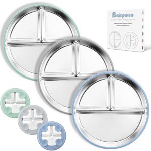 Bakpoco Stainless Steel Suction Plates for Toddlers, 9" Divided Kids Baby Plates with Removable Silicone Suction, Non Toxic Non Slip Portion Control Snack Dishes 3 Packs, Blue Gray Sage