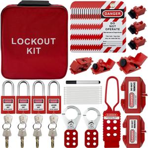 Lockout Tagout Kit Electrical Loto - Clamp-On Circuit Breaker Lockout, Group Lockout Hasps, Lockout Tag, Universal Multi- Pole Breaker with Pocket Bag (Bigger Red Kit)
