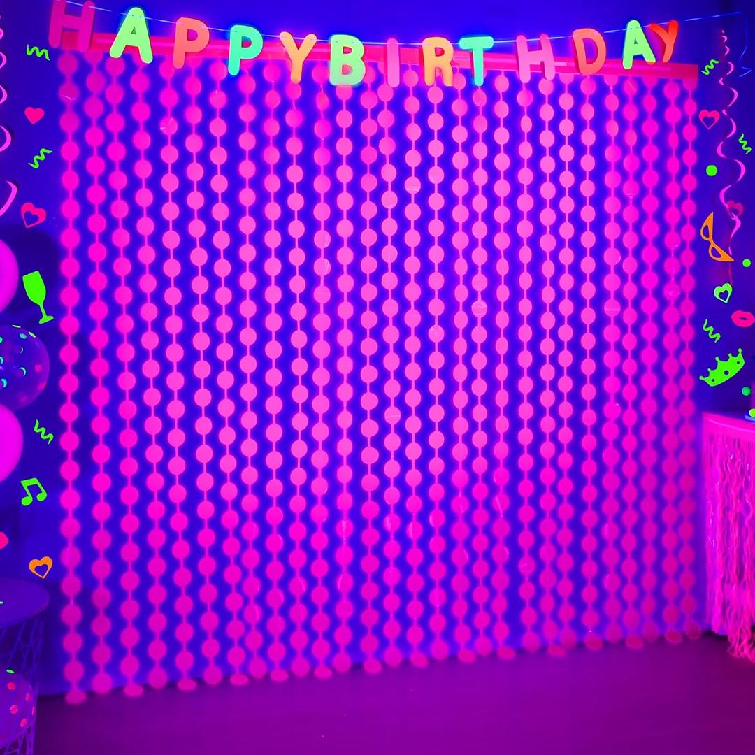Mega-L Glow in The Dark Party Supplies, 2 Pack Neon Party Decorations 3.3 x 6.6 ft Fuchsia Round Tinsel Foil Fringe Curtains, Photo Booth Prop Backdrop Streamer Birthday Party Decor