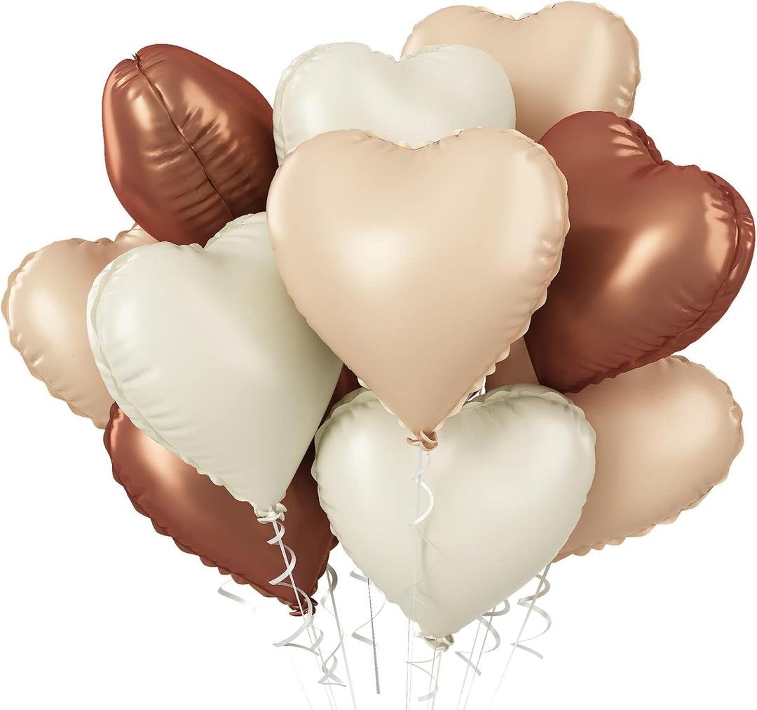 Brown Apricot Heart Balloons, 10Pcs Coffee Cream Beige Foil Heart Shape Balloons, 18 Inch Nude Neutral Foil Balloons for Helium Valentines Decorations for Engagement, Birthday, Baby Shower, Wedding