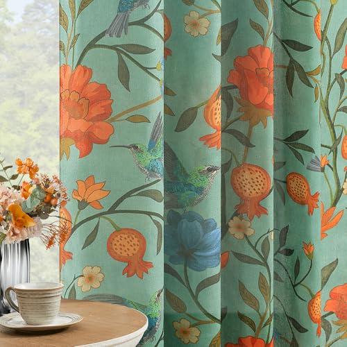 JOOJA Green Floral Linen Curtains, Boho Whimsical Bird Print Curtains for Bedroom Window Colorful Patterned Sheer Curtains for Living Room Kitchen 2 Panels 63 Inches Long