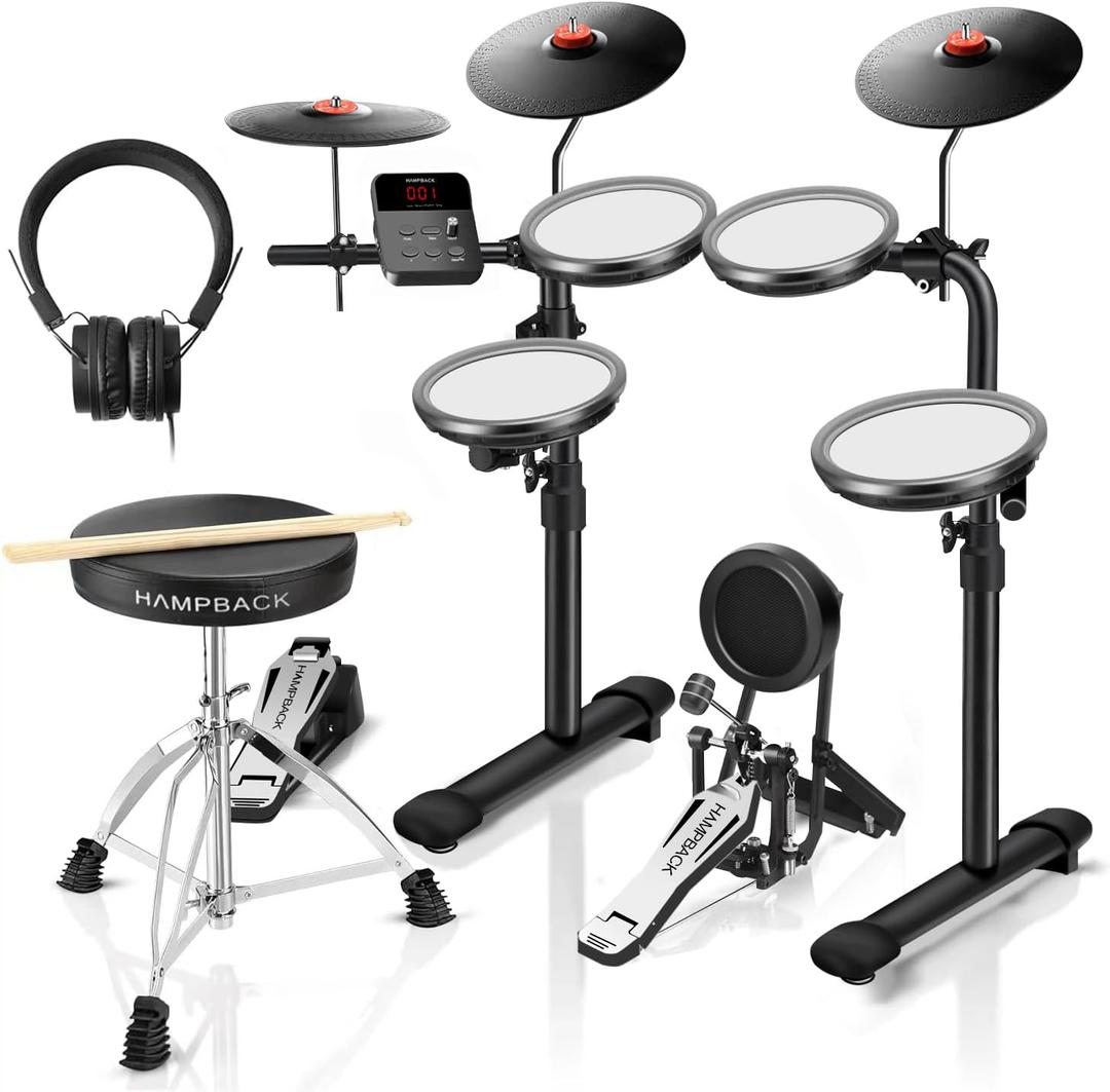 HAMPBACK MK-0 PRO Electric Drum Set with 7'' Mesh Drum Pads, 8'' Full Rubber Cymbals, 5'' Bass Drum, 12 Kits and 68 Authentic Sounds, USB MIDI, Throne, Sticks, Headphone, Suitable for Beginners & Kids