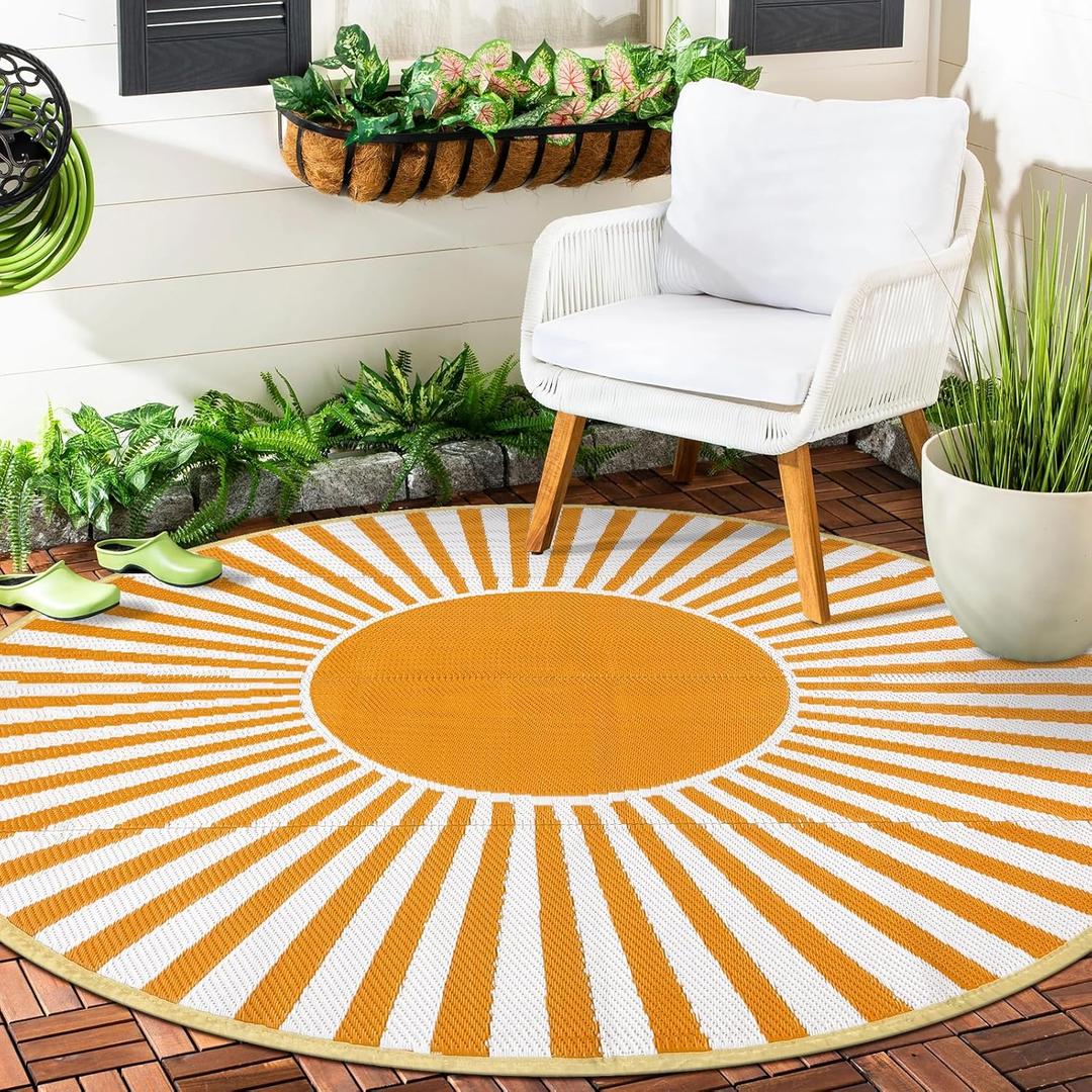 Anidaroel Round Outdoor Rugs 6ft for Patios Clearance, Waterproof Reversible Plastic Straw Patio Rug, Outside Area Rug Floor Mat for Backyard, Porch, Balcony, Pool Deck, RV Camping, Picnic(Orange,6ft) (6' Round)