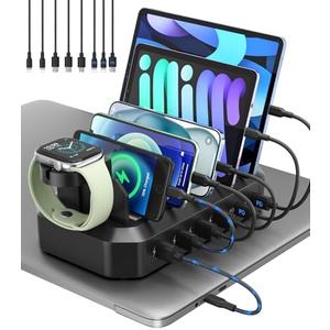 95W Fast Charging Station for Multiple Devices【Patent & Safety Certs】 6-Port USB Charging Dock with 2 PD Ports Compatible with Cellphones/iPad/MacBook/Kindle/Tablets (8 Mix Cables & 2 Stands Included)