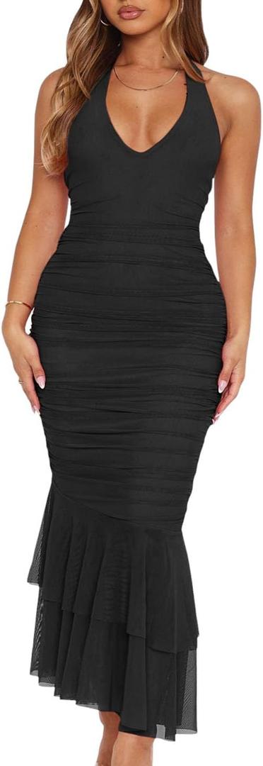 Women's Sexy V Neck Tie Halter Mesh Ruffle Hem Ruched Bodycon Cocktail Party Maxi Dresses (Black, XL)