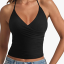 REORIA Women's Basic Cross Wrap V Neck Backless Double Lined Halter Tank Tops Cute Summer Trendy Sleeveless Shirts, Small