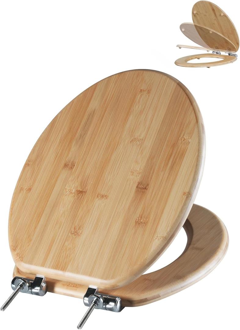 Angol Shiold ELONGATED Bamboo Wood Toilet Seat Soft Close Zinc Alloy Strong Hinges, Light, Easy to Install & Clean, Up to 400 lbs (Elongated 18.5", Natural Bamboo)