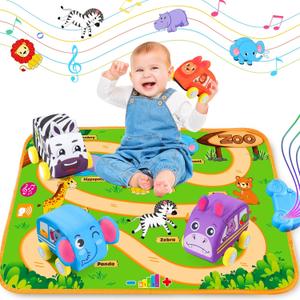 Helsort Baby Car Toys for 1 Year Old Boy with Musical Playmat, Animal Sounds and Pull Back Vehicles for Toddlers 1-3, Soft Baby Learning Toys 12-18 Months, 1st Birthday Gifts for One Year Olds