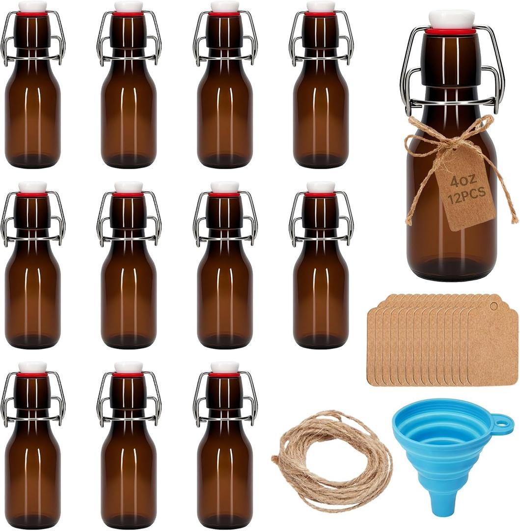 12Pcs 4 oz Amber round Mini Swing Top Glass Bottles with Stoppers Small Flip Top Bottles with Airtight Lids for Crafts Decoration Wedding Themed Party Favors (12)