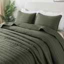 ROARINGWILD Olive Green King Size Quilt Set, Striped Pick Stitch Lightweight Bedspread, Soft Channel Farmhouse Rustic Coverlet, Spring Summer Thin Comforter, Country Bedding, 104x90 inches
