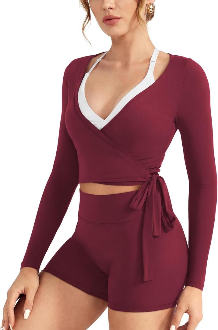 VOYJOY Women Ballet Wrap Top Long Sleeve Shirt Blouses Y2K Workout Gym Active Adjustable Tie Shirt Tops (Purple, L)