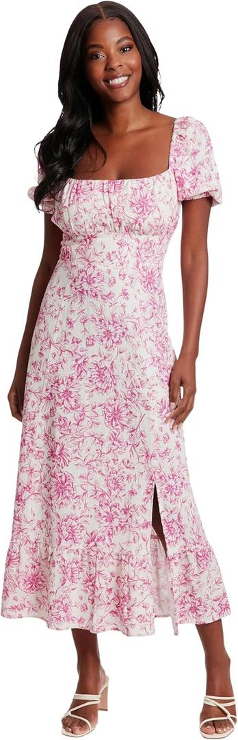 London Times Women's Dresses Square Neck Smocked Back Linen Blend Flattering Versatile Spring Summer Garden Party Dress, Ivory/Bright Fuschia, 18