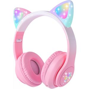 Cat Ear Kids Bluetooth Headphones for Girls Children Teens, LED Light Up Wireless/Wired Mode Foldable Stereo Girls Headphones with Built-in Mic for School Birthday Xmas Gift (Pink)