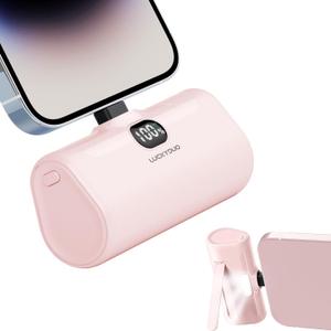 LUCKYDUO Mini Portable Charger for iPhone,5000mAh Ultra Compact Small Power Bank Built-in Phone Holder and LED Light,LCD Display Battery Pack for Travel,Compatible with 14/13/12/11/XR/SE/8/7 Pro Max (Pink)