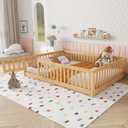 Bellemave Full Size Floor Bed with Slats and Safety Guardrail, Full Size Montessori Floor Bed with Fence and Door, Easy Assemble Montessori Beds for Kids, Girls, Boys, Natural