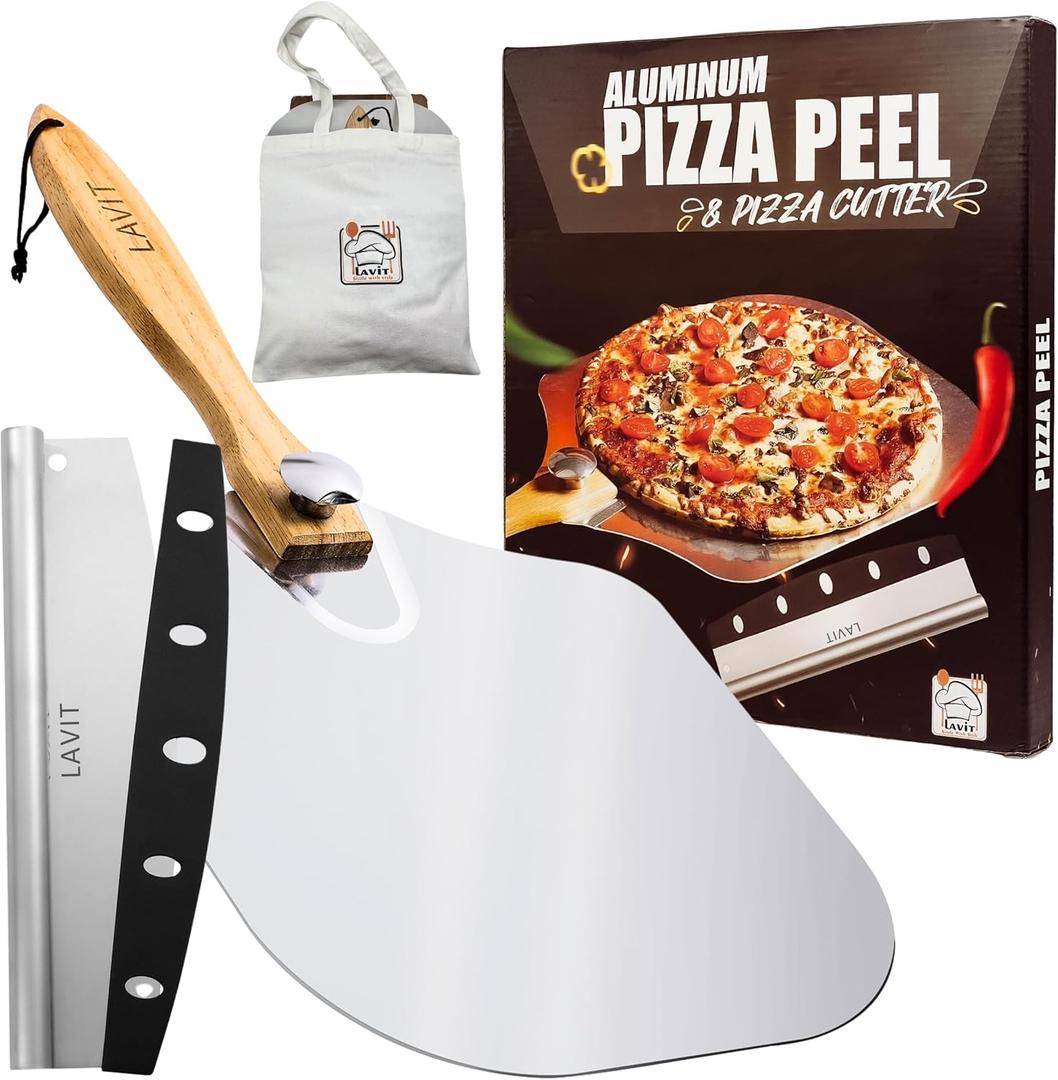 Pizza Peel Aluminum Pizza Spatula - Lavit 12x14 Inch Pizza Pack Metal Peel with Wood Handle & Rocker Cutter, Pizza Paddle (Storage bag included), for Family Pizza Oven, Baking, Dough, Bread & Pastry