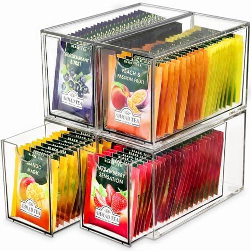 KAIDELI 4 Pack Tea Bag Drawers Organizer, Clear Plastic Stackable Tea Organizers and Storage, Portable Tea Bag Holder 6.5" x 4" x 3" for Kitchen Pantry Organizer