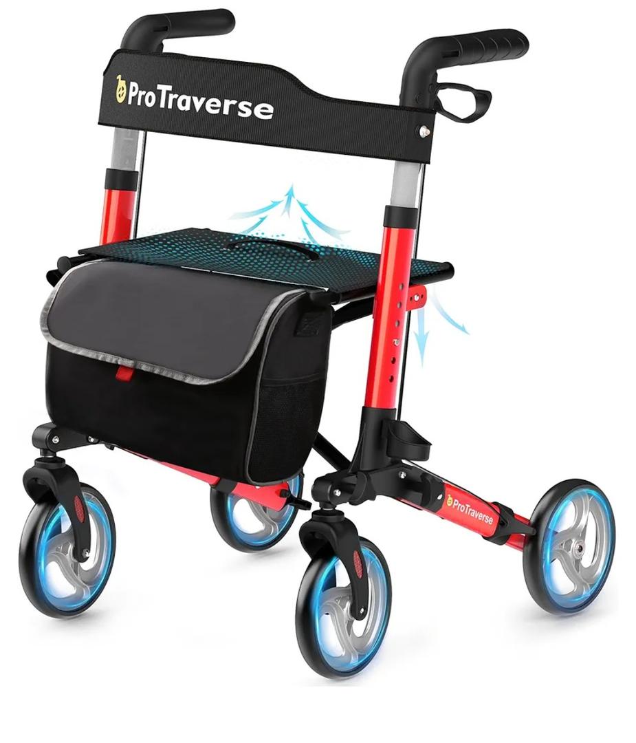 Foldable Rollator Walker with Seat, Standard Height Lightweight Rollator with Large Wheels, Folding Rolling Walker for Seniors, Walker Rollator with Seat, Red