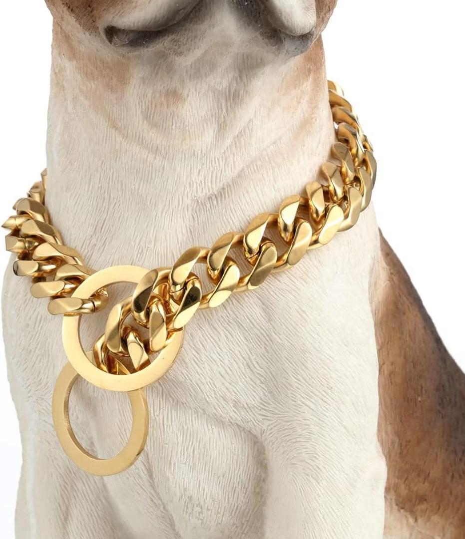 Gold Dog Collar 18K Gold P Chain 11MM/15MM/19MM Cuban Link Chain Collar Walking Trainning for Small Medium Large Dogs 12inch to 26inch(19mm,24inch)
