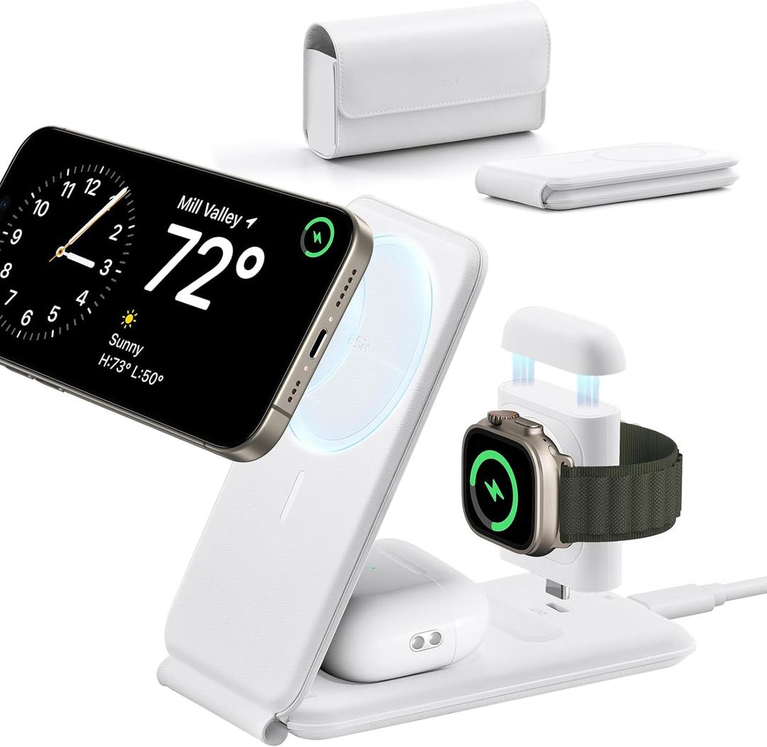 ESR for 3 in 1 Magsafe Charger, Travel Charger Stand Made for Apple Watch Certified, Foldable Charging Station Compatible with Magsafe and iPhone 17e/17/16/15/14/13/12, AirPods 4/3/Pro, White