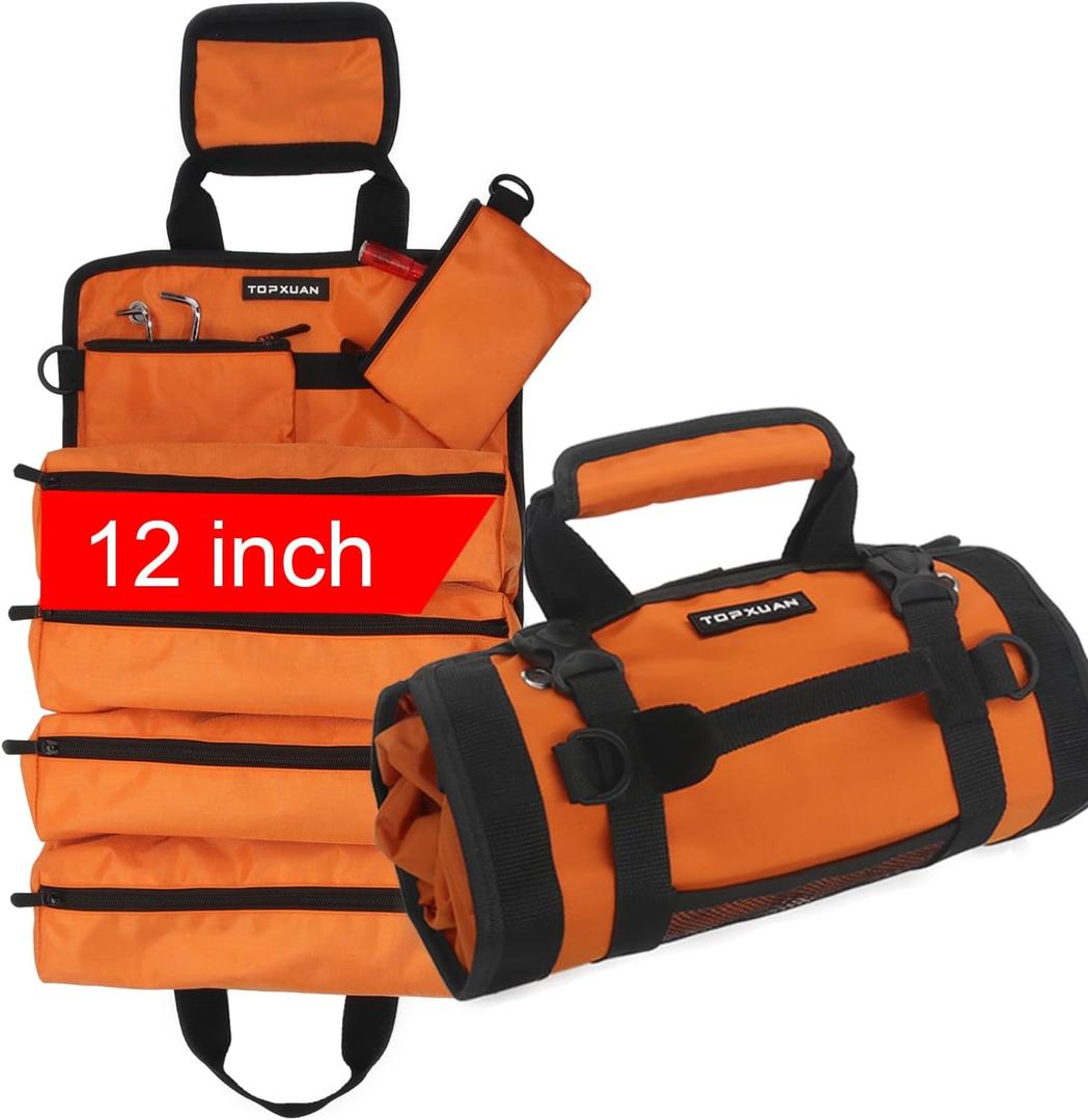 Tool Bag Roll Up 4 Large Zipper pockets 2 detachable pockets for Hand Tools and Small Hardware Organizer Orange Roll Up Tool Bag for Car 13 in