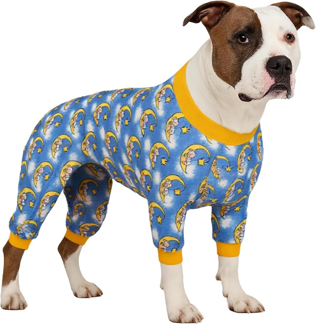 LovinPet Pitbull Dog Pajamas - Pet Anxiety Relief, Sun Protection Dog Pajamas, Comfy Stretchy Fabric, Pitbull Onesie, Dreamy Bear Print, Pitbull Shirt, Pet Jammies,Yellow XL