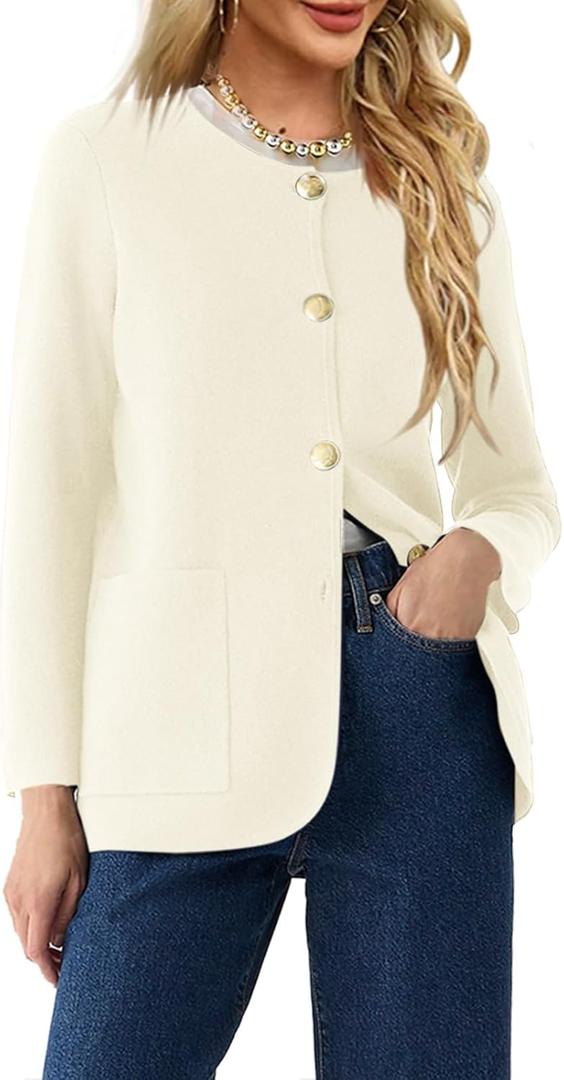 Langwyqu Womens Crew Neck Button Down Cardigan Sweaters Blazer Casual Long Sleeve Knit Solid Sweater with Pockets (Medium, Off-white)