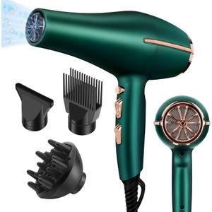 2000 Watt Negative Ionic Hair Dryer, Professional Salon Blow Dryer, Low Noise Fast Drying & Powerful AC Motor and Diffuser Comb for Men Women,3 Heat & 2 Speed Settings, Easy to Use- Green