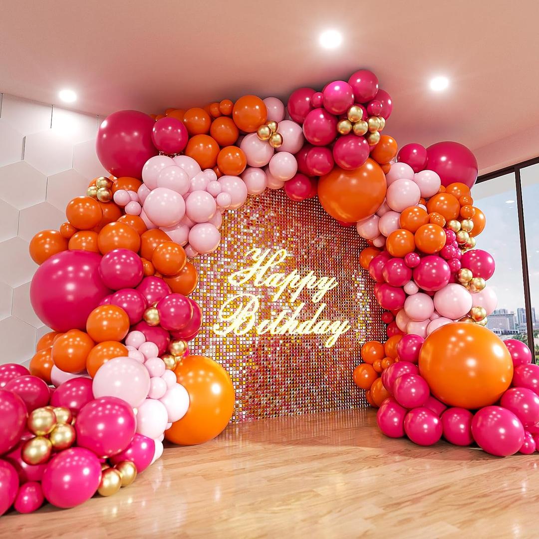 2 x Pink and Orange Balloon Arch Kit, ADOINBY 161Pcs Hot Pink Orange Metallic Gold Latex Balloon Garland kit, 18 12 10 5 Inch Different Size Balloons for Birthday Baby Shower Wedding Party Decorations