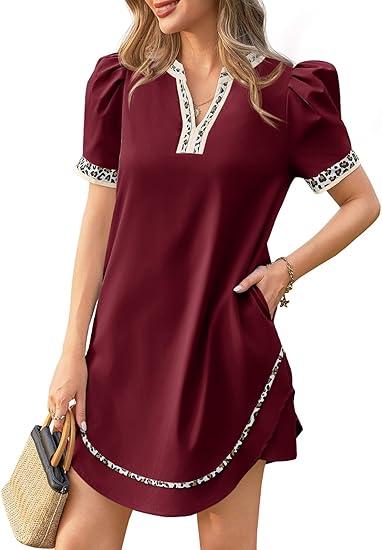 Wenrine Womens Puff Short Sleeve Mini Dress Casual V Neck Color Block Leopard Loose Beach Summer Dresses with Pockets, Small 