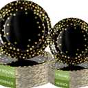 Lullaby 200PCS Black Paper Plates, Black and Gold Paper Plates, 100pcs Dinner Plates 9"100pcs Dessert Plates 7", Disposable Graduation Plates with Golden Dot for Birthday party, Halloween