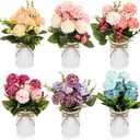 6 Sets Flower Centerpieces for Tables Decor Artificial Hydrangeas with Vase and Hemp Rope Floral Arrangement Faux Flowers Fake Hydrangea Bouquets for Table Wedding Home Office Party (Bright Color)