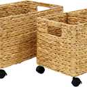 PEMAR Set 2 Nesting Natural Wicker Rolling Storage Baskets on Wheels w Insert Handles, Under Table Under Desk Woven Storage Bins, Mobile File Cabinet Organiser (Water Hyacinth, Sizes M, L Nesting)