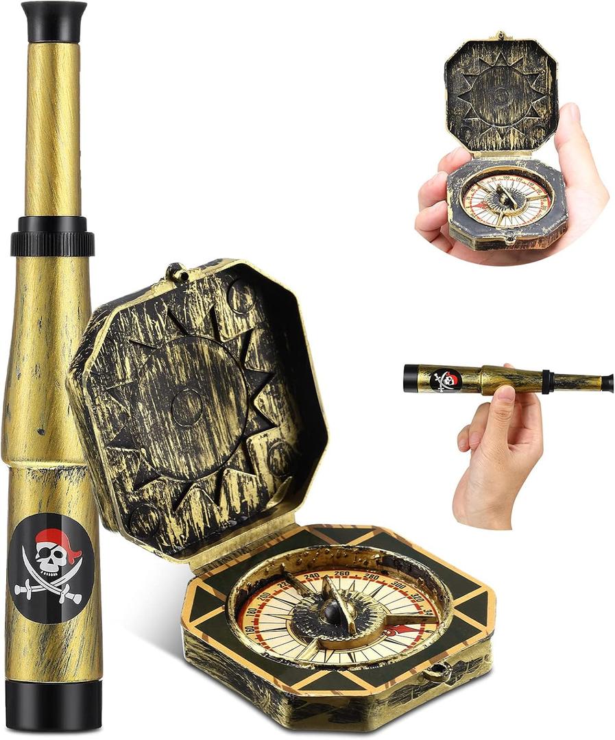 Gejoy 2 Pcs Pirate Telescope and Compass for Kids Adults Retro Mini Plastic Toy for Pirate Theme Party Halloween Cosplay Supplies