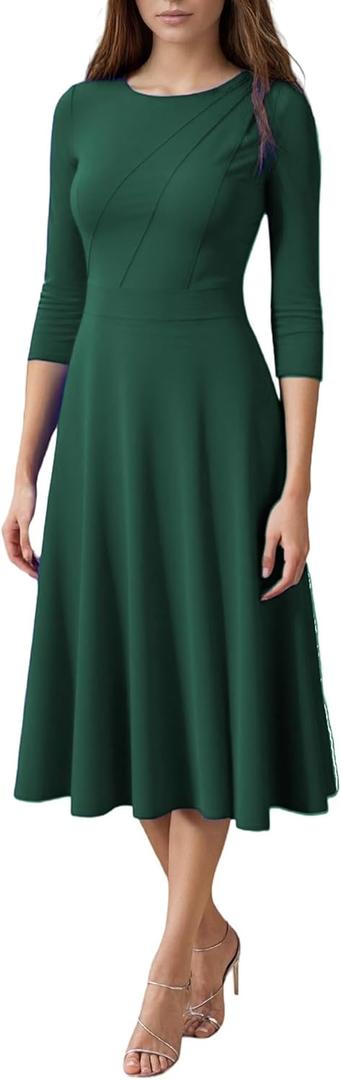 FENJAR Women's Fit and Flare Cocktail Dress Elegant 3/4 Sleeve Wedding Guest Work Formal A Line Midi Dresses(Green-L)