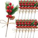 TIHOOD 20PCS 8inch Pine Cone Red Berry Picks Stems Crafts Branch Christmas Wreath, Holly Artificial Evergreen Branches Tiny Pine Cones Picks Dcor Floral Picks for Christmas Flower Wreaths DIY