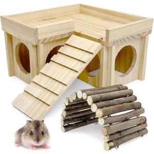 BNOSDM Wooden Hamster Hideout Dwarf Hamster Wood House with Ladder Gerbils Climbing Exploring Toys Cage Accessories for Syrian Hamsters Mice and Other Small Pets
