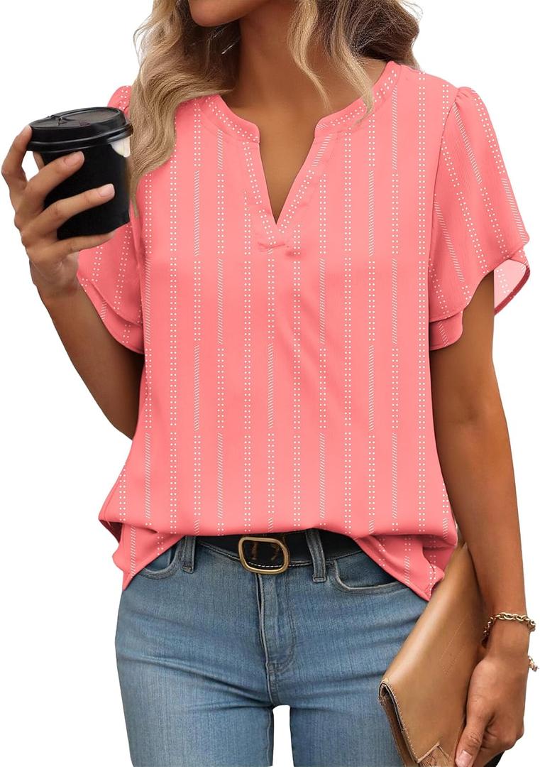 Zeagoo Womens Dressy Casual Shirts Short Sleeve V Neck Work Blouse Business Casual Summer Chiffon Tops S