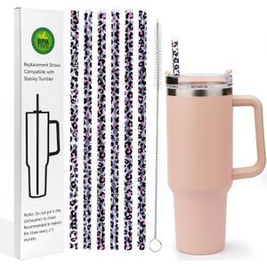 AIERSA 6 Pack Leopard Straw Replacement 40oz for Stanley,Plastic Reusable Straw for Stanley Adventure Quencher Travel Tumbler,Long Straws with Cleaning Brush for Stanley Cup Accessories