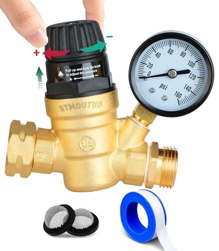 STMOUTUO RV Water Pressure Regulator for RV Camper. Brass Lead-Free Adjustable Camper Water Pressure Regulator with 0-160 PSI Gauge ，Reducer Valve W Filter，Package includes 1 raw tape for water pipes.