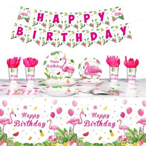Tudomro 172 Pcs Flamingo Birthday Party Supplies Flamingo Party Decorations Include Hawaiian Tablecloths Birthday Banner Napkins Tableware Set for Summer, Serves 24