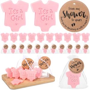 50 Sets Baby Shower Soap Favors for Guests Boy Girl Mini Handmade Scented Soaps with Thank You Tags and Organza Bags for Shower Gender Reveal Party Favors(Pink Bodysuit,It's A Girl)