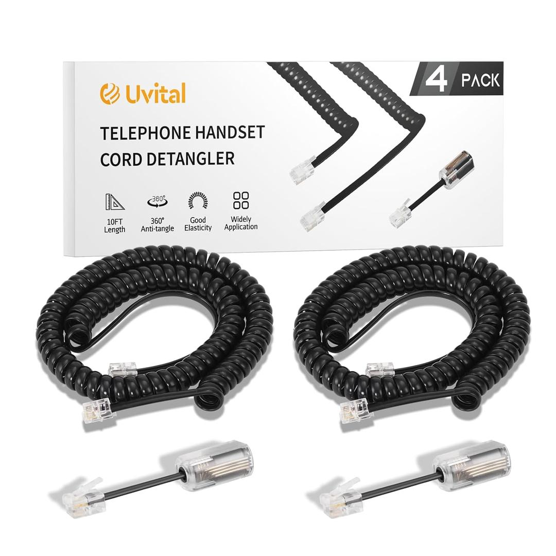Uvital Phone Handset Cord Detangler for Desk Phone, RJ9 2Pack 10FT Landline Telephone Cord(Coiled Length: 1.2FT) and 2 Pack Anti-Tangle Telephone Wire Untangler, 360 Rotating Swivel, Black
