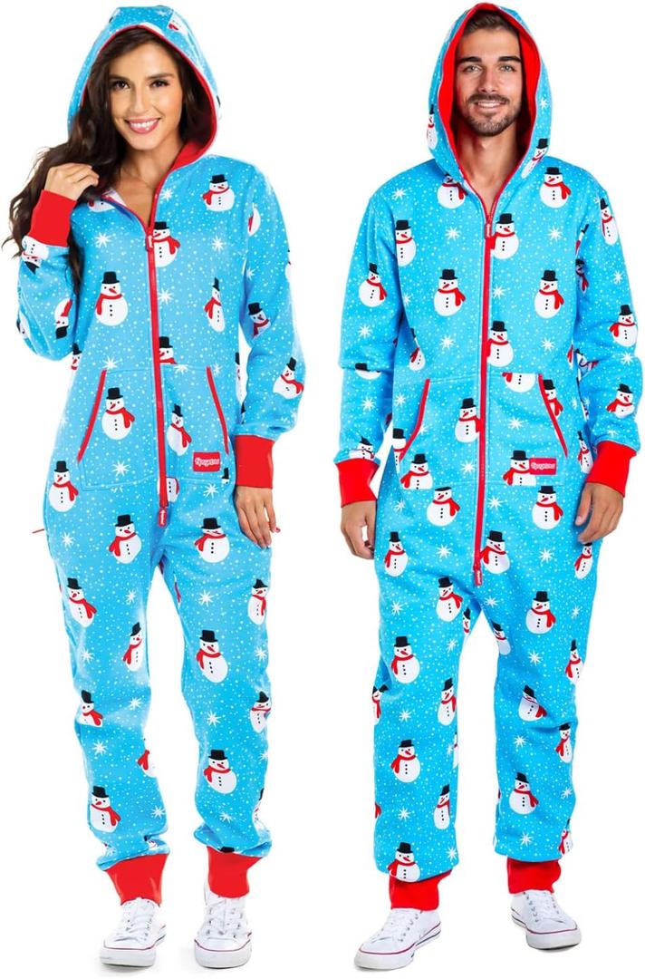 Tipsy Elves Christmas Onesies for Adults - Comfy Unisex Matching Holiday Jumpsuits with Convenient Pockets (Blue, XS)