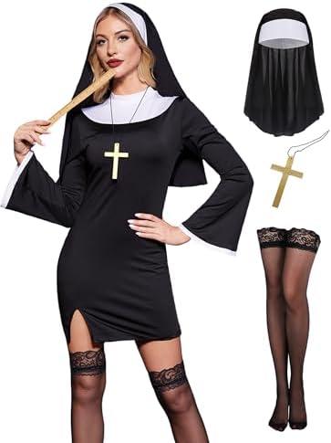 For G and PL 4 Pcs Women's Halloween Sexy Nun Bell Sleeves Dress Costume Set XS