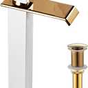White Gold Faucet Bathroom Vessel Sink Golden Waterfall Spout Faucet Single Handle Bowl Sink Faucet Modern Single Hole Basin Vanity Tall Bathroom Sink Faucet with Pop Up Drain Stopper Supply Hose