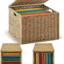 Jingmore Decorative File Storage Box with Lid, Seagrass Hanging File Organizer for Letter & Legal Size Files, Collapsible Document Storage Box for Office Home Desk Organization