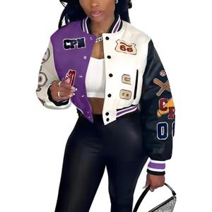 Glitrandi Varsity Jacket Women with Patches Print Cropped Bomber Leather Jacket Women 2025  (Large)